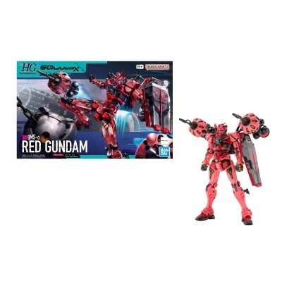 Figura articulada vermelha de Gundam com armas e caixa ao fundo