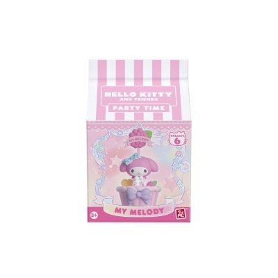 Embalagem rosa e branca com figura de My Melody e texto Hello Kitty Party Time