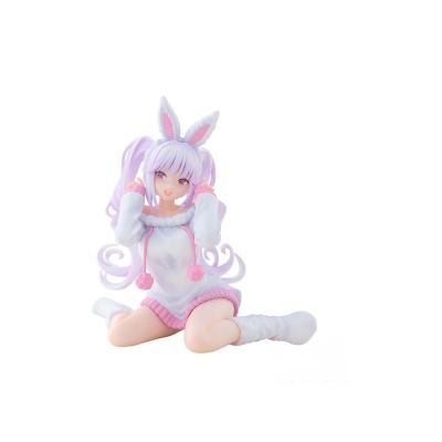 Figura anime com cabelo lilás, suéter branco rosa e orelhas de coelho.