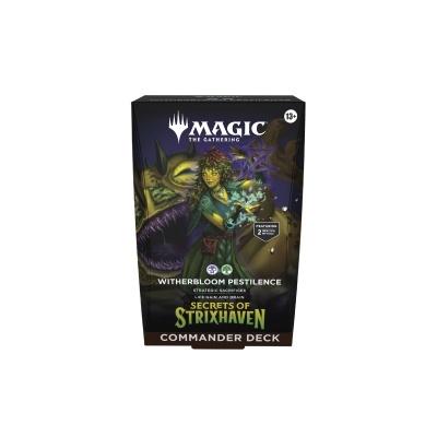 Caixa preta de baralho Magic: The Gathering Witherbloom Pestilence com arte de personagem verde e texto colorido.