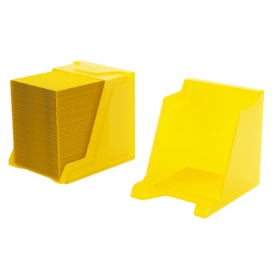 Suporte amarelo para cartões de plástico, um cheio e outro vazio, em fundo branco