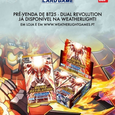 Pack booster e caixa do jogo de cartas Digimon Dual Revolution com fundo ilustrado em tons quentes.