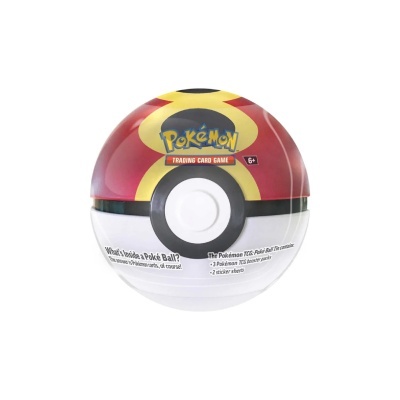 Bola Poké Ball vermelha, branca, preta e amarela com texto Pokémon Trading Card Game