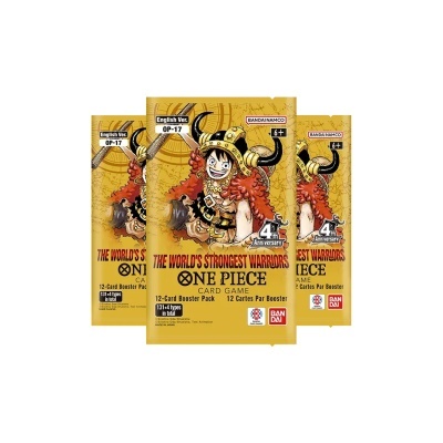 Pacotes do jogo One Piece Card Game com personagem Luffy em traje de guerreiro e fundo amarelo.