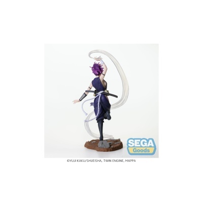 Figurina de personagem com cabelo roxo e roupa azul escura em pose dinâmica