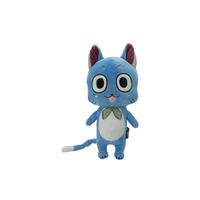 Pelúcia azul de gato com olhos grandes e laço verde