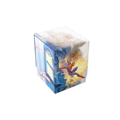 Caixa de embalagem com design do Spider-Man em azul, amarelo e vermelho