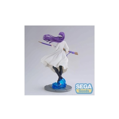 Figura colecionável de personagem com vestido branco e cabelo roxo
