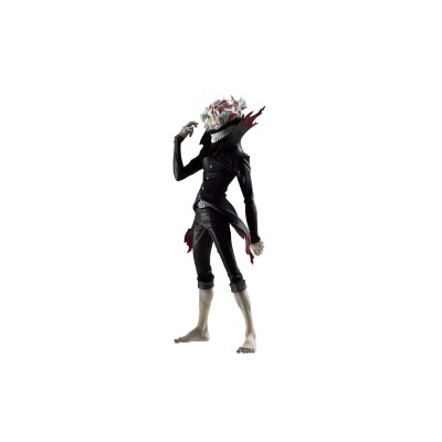 Figura colecionável estilizada com casaco preto e cabelo branco e vermelho