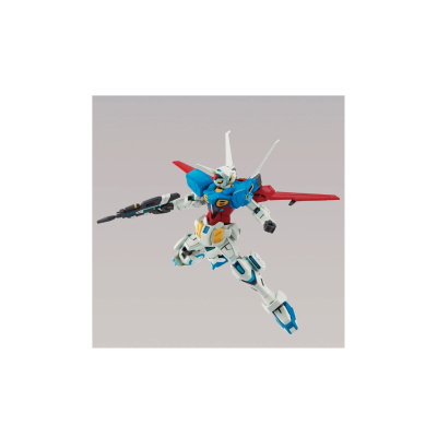 Figura de ação robótica azul, branca e vermelha com arma
