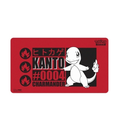 Tapete vermelho com ilustração de Charmander e texto KANTO #0004 CHARMANDER
