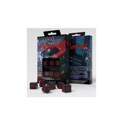 Conjunto de dados Cyberpunk Red Essential Dice Set em embalagem com tema futurista