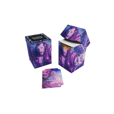 Caixa e cartas de jogo com ilustração de personagem de fantasia em roxo