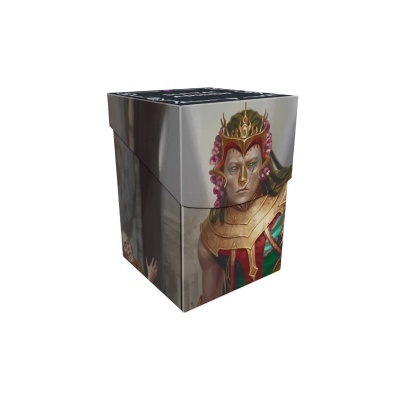 Caixa retangular com figura mitológica dourada e detalhes coloridos