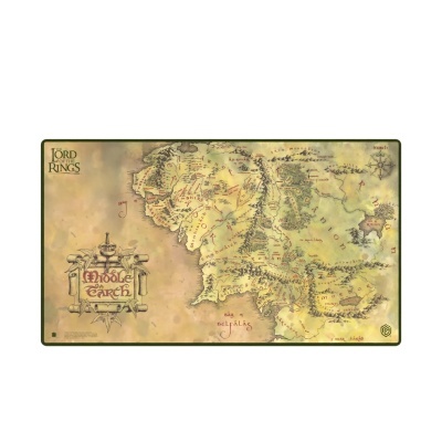 Tapete com mapa da Terra Média do Senhor dos Anéis em tons de bege e verde.