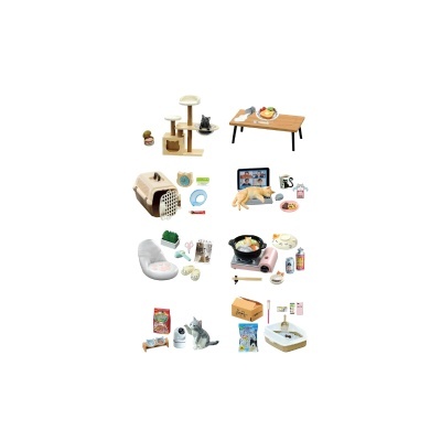 Acessórios variados para gatos como arranhadores, casinha de transporte, mesa, cama, forno portátil, brinquedos e alimentos