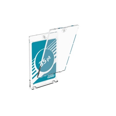 Duas capas transparentes para cartões em acrílico com cartão azul com texto '35 pt'