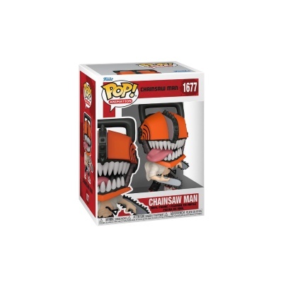 Figura Funko Pop de Chainsaw Man em caixa branca e vermelha.