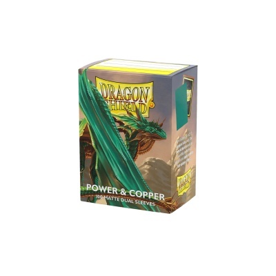 Caixa do produto Dragon Shield com dragão verde e texto POWER & COPPER 100 MATTE DUAL SLEEVES