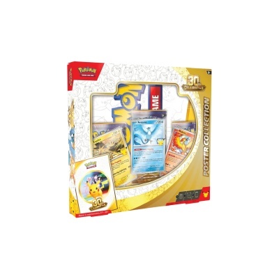 Caixa de coleção Pokémon 30th Celebration com cartas visíveis de Pokémon e elementos gráficos coloridos