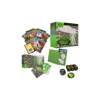 Pack de cartas Pokémon, dados e caixa cinza e verde com título MEGA EVOLUTION PERFECT ORDER.