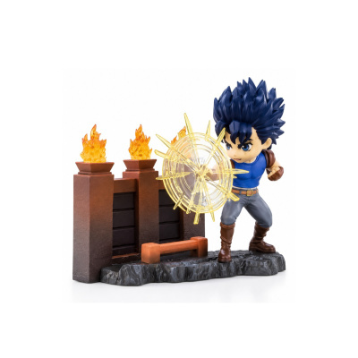 Figura de ação anime com escudo amarelo em base com parede e tochas