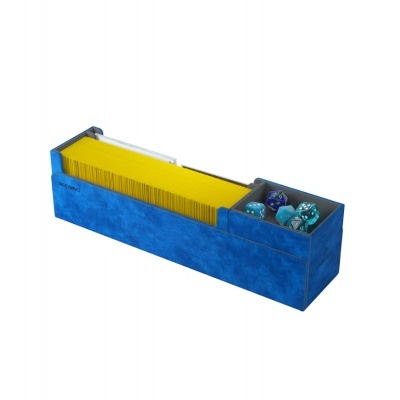 Organizador azul para cartas e dados coloridos