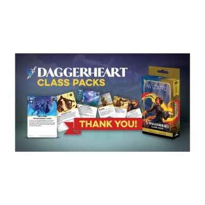 Caixa e cartas do jogo Daggerheart Class Packs com tema Wizard.
