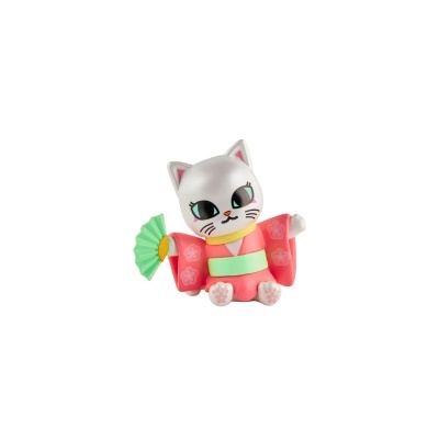 Figura decorativa de gato branco com kimono cor-de-rosa e leque verde