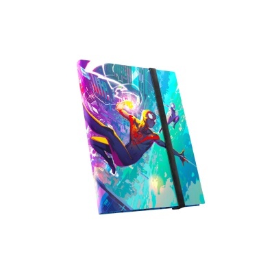 Caderno com capa ilustrada do Homem-Aranha em pose de balanço na teia com elástico preto.