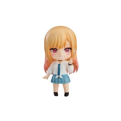 Figura de ação anime com cabelo loiro e rosa, roupa azul e branca