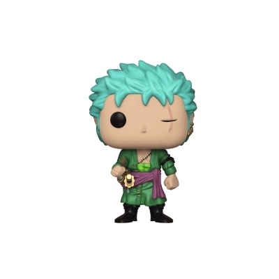 Boneco Funko Pop com cabelo azul claro e roupa verde e roxa