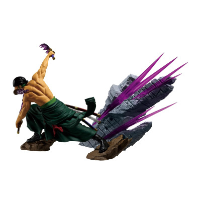 Estatueta de personagem musculado com espadas roxas e base de pedra com efeitos roxos
