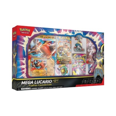 Caixa do conjunto Pokemon Mega Lucario EX Figure Collection com cartas e figura de Lucario