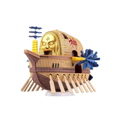 Modelo de navio com face dourada e remos laterais