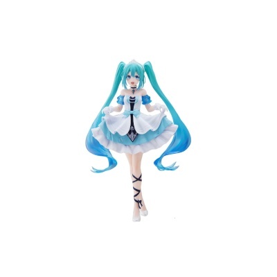 Figura de ação anime com cabelo azul e vestido branco e azul