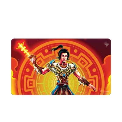 tapete de jogo com personagem em armadura e espada em chamas, fundo vermelho e amarelo