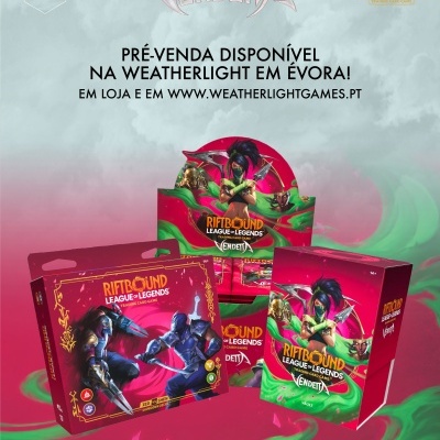 Embalagens de cartas colecionáveis Riftbound League of Legends Vendetta com texto de pré-venda disponível em Évora