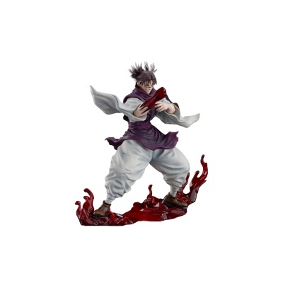 Figura de ação de personagem masculino com roupa branca e faixa roxa, braço vermelho e base vermelha líquida
