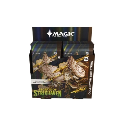 Pack de cartas MAGIC THE GATHERING Secrets of Strixhaven com booster boxes e ilustração de criatura alada.