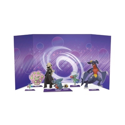 Figuras de Pokémon coloridas com base roxa e fundo roxo com círculos brilhantes