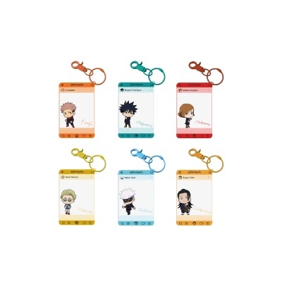 Seis porta-chaves de personagens Jujutsu Kaisen em várias cores com nomes e figuras estilizadas em ambiente branco