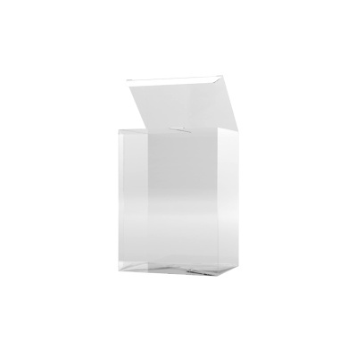 Caixa transparente de acrílico com tampa aberta num fundo branco