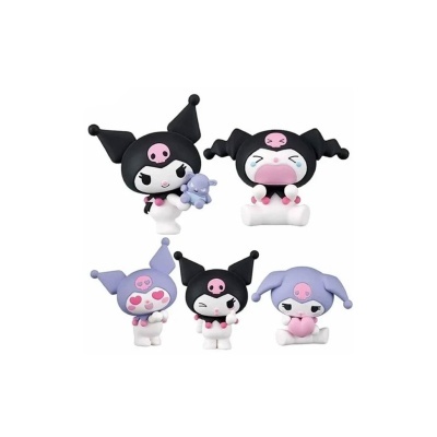 Conjunto de cinco figuras de vinil de personagens com cores preto, branco, rosa e lilás