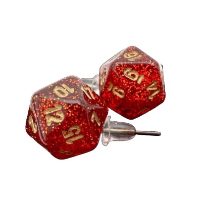 Brincos com dados vermelhos de 10 faces com glitter dourado
