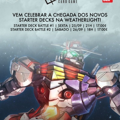 Robô Gundam colorido com texto promocional em português sobre evento Starter Deck