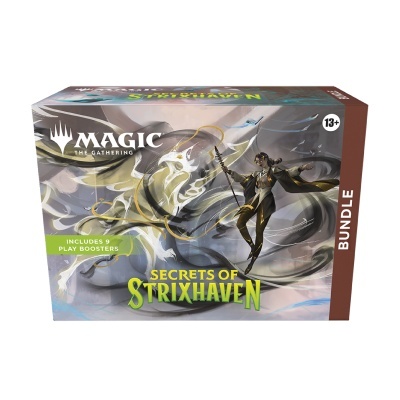 Embalagem do jogo Magic: The Gathering Secrets of Strixhaven com ilustração fantasiosa e textos visíveis