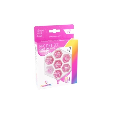 Conjunto de dados RPG rosa em caixa colorida com texto