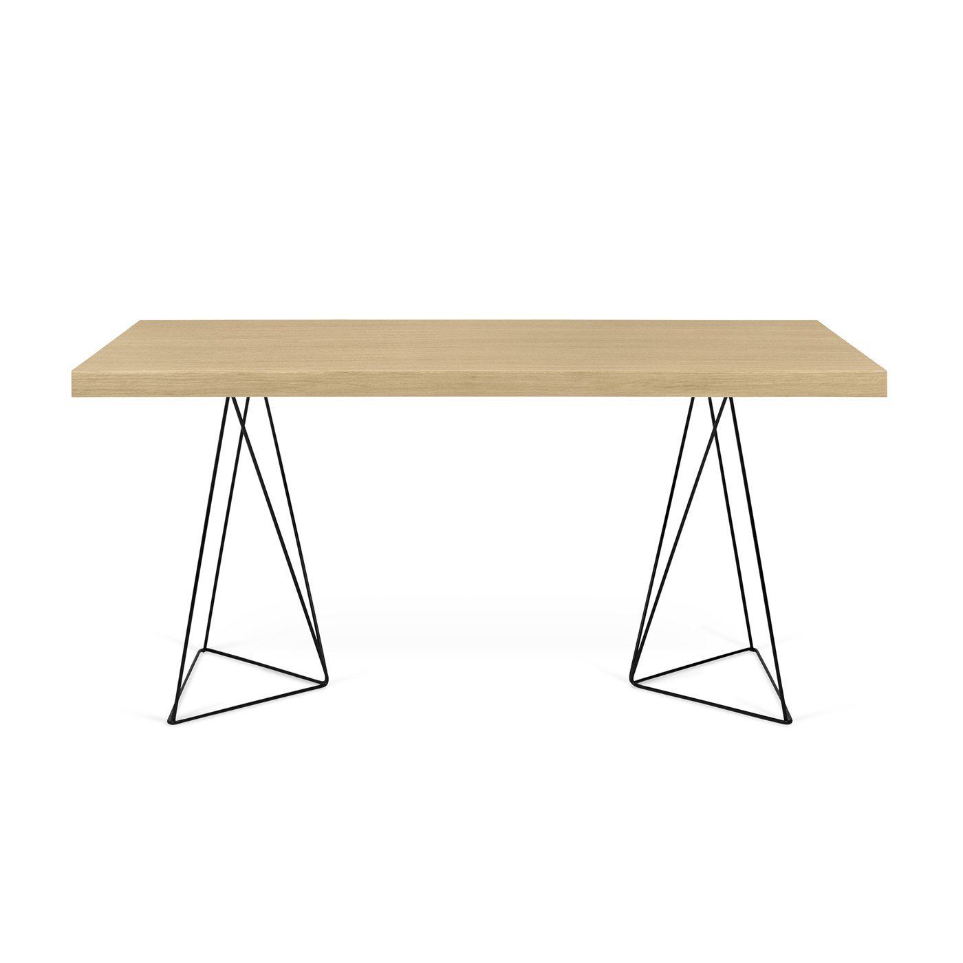 Mesa com tampo em madeira clara e base metálica preta