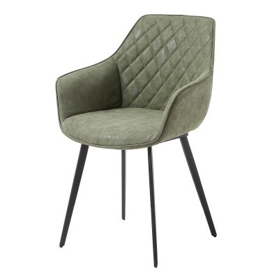 Cadeira verde acolchoada com braços e pernas pretas finas